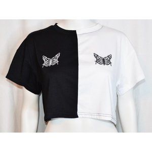 SHEIN Embroidered Butterfly Black & White Color Block Crop T-Shirt Size M, US 6